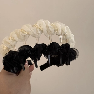 Lot de serre-têtes en maille plissée avec perles et dents antidérapantes, noir et beige