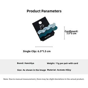 Detailed view of 6.5cm wavy acetate hair clips with dimensions on branded display card