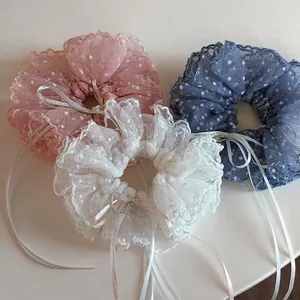 Chouchou en Dentelle à Pois Avec Long Nœud en Ruban Élastique à Cheveux en Maille Pendentif Cœur Coiffure Douce pour Femmes Filles Accessoires Cheveux