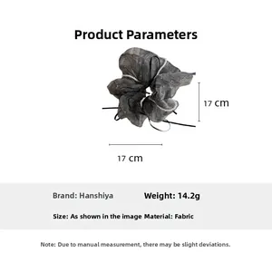 Detailed specs of the large grey striped scrunchie with pearl beads, 17x17cm and 14.2g weight