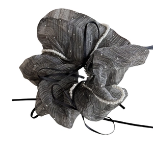Elegant grey mesh scrunchie with white pearls and long black ribbons for hair styling