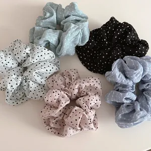 Chouchous en Tissu à Pois de Style Français pour Femmes Grands Élastiques à Cheveux Plissés Porte-Queue de Cheval Élégant Accessoires pour Cheveux Mode
