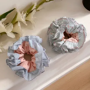 French Style Large Scrunchie Blue Pink Splicing Pleated Hair Tie Sweet Lace Edge Handmade Fabric Hair Accessories Women