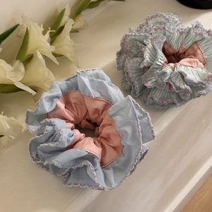 Blue and pink floral scrunchie set with pleated ruffles for elegant hair styling