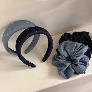 Vintage Denim Fabric Rhinestone Starry Scrunchie Wide Headband Accessory Women Daily Dating Retro Sweet Hair Accessory