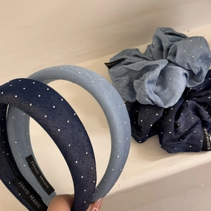 Denim star rhinestone headband and oversized scrunchie set in dark and light blue colors