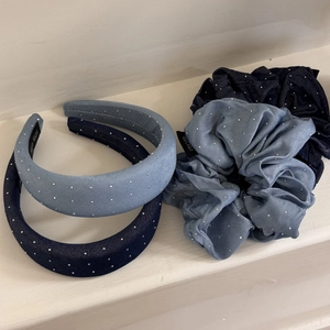 Denim fabric hair scrunchies and headbands set with sparkling rhinestones in blue colors