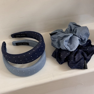 Denim hair scrunchies and headbands set with sparkling rhinestones in blue shades