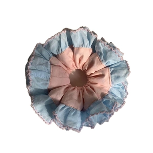 Elegant blue and pink floral edge scrunchie hair tie with high-quality ruffled fabric design