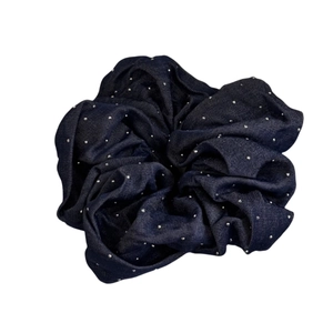 Deep blue denim scrunchie with sparkling silver polka dots and pleated vintage design