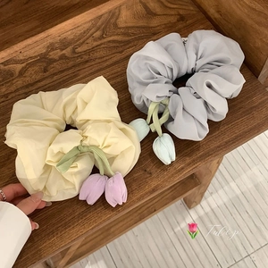 Korean Style Tulip Flower Large Scrunchie Sweet Fabric Hair Tie Elegant Floral Ponytail Holder For Women Daily Decoration