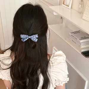 Korean Retro Blue Plaid Bow Hair Clip Fabric Alloy Elegant Checkered Hairpins For Women Daily Styling Hair Accessories