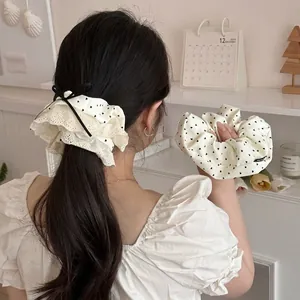 Large Cream White Heart Print Cloth Scrunchies With Elegant Lace Trim And Black Bowknot French Vintage Hair Ties For Women