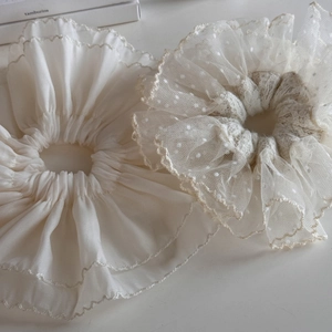 Elegant set of two beige lace and pleated chiffon scrunchies for delicate hair styling