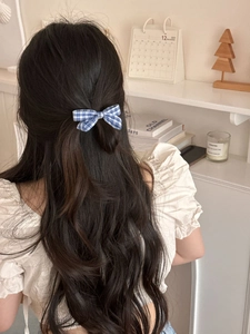 Close-up of a blue and white plaid bow hair clip worn on long wavy brunette hair
