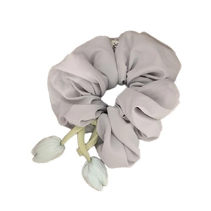Light gray scrunchie with sweet tulip flower pendants for low ponytail hairstyles