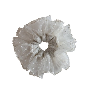 Romantic French white lace scrunchie with polka dot tulle design for hair styling