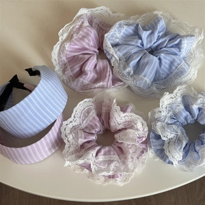 French Gentle Style Lace Striped Scrunchie Wide Headband For Women Pink Blue Fabric Printed Sweet Hair Accessories Daily Hair Band