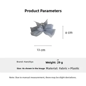 Detailansicht der graublauen Haarklammer mit Netzschleife und Maßen von 13cm mal 8cm