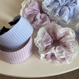 French lace headband and scrunchie set with light blue stripes and white floral edges