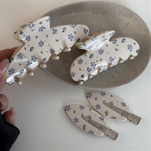 Set de pinces à cheveux à motif floral avec base crème et fleurs bleues pour femmes