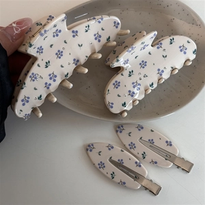 Détail de pinces à cheveux à fleurs et barrettes avec motifs de baies bleues