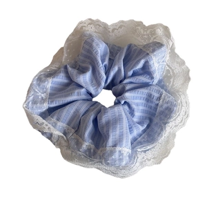 Blue and white striped scrunchie with lace edge trim for women hair accessory