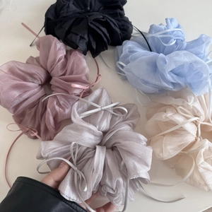 Five-piece set of large organza scrunchies with ribbons in black, blue, pink, grey and beige