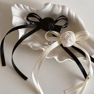French Rose Bowknot Hair Clip With Long Streamers Rhinestone Embellished Satin Ribbon Alligator Clip Women Hair Accessories