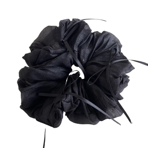 French ballet style black sheer scrunchie with ribbons and delicate bow accents