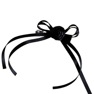 Elegant black satin rose ribbon bow hair clip with decorative hanging beads for women