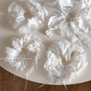 White Lace Bow Scrunchie For Women French Style Elegant Pleated Hair Tie With Ribbon Artificial Pearl Hair Accessories