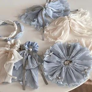 Korean Style Pleated Chiffon Scrunchies Large Bow Hair Clips Faux Artificial Pearl Headband Elegant Fabric Hair Accessories For Women