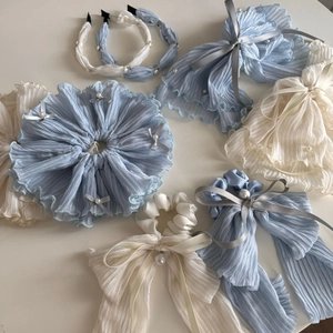 Blue and cream fabric oversized scrunchies and bow hair clips with pearl accents