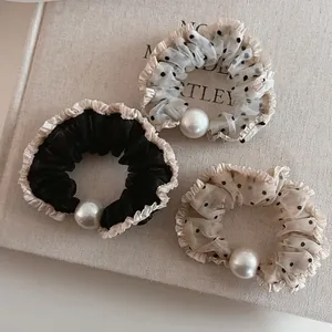 Elegant Organza Scrunchies Large Hair Bands With Faux Artificial Pearl Ruffle Edge Polka Dot Hair Ties For Women Daily Styling Accessories