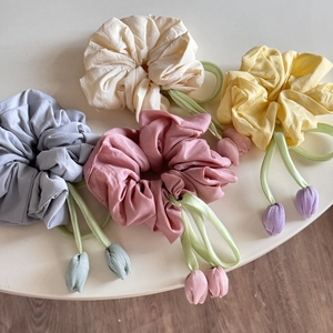 Fabric Tulip Flower Scrunchie Large Ribbon Ponytail Holder For Women Sweet Floral Elastic Hair Tie Korean Style Hair Accessory