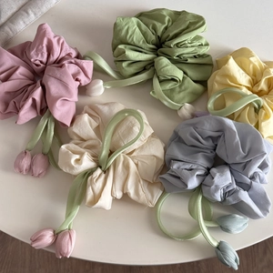 Macaron color tulip flower scrunchies set with ribbons and floral charms for ponytails
