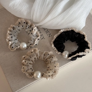 Polka dot tulle scrunchies with elegant pearls and ruffles in a three-piece set