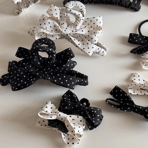 French style polka dot bow hair claws in black and white fabric for elegant styling