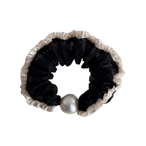 Elegant polka dot mesh hair scrunchie with lace trim and large white pearl accent