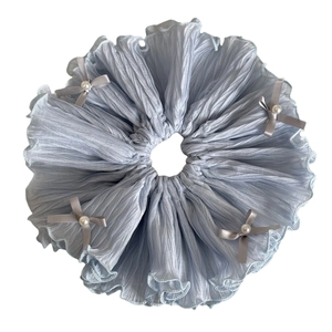 Light blue pleated scrunchie with grey ribbon bows and white pearl accents for hair