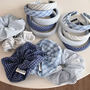 Serre-Tête en Tissu à Carreaux Bleus pour Femmes Style Coréen Frais Bandeau à Rayures Doux Fait à la Main en Éponge Épaisse Accessoires