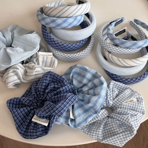 Ensemble de serre-tête rembourré à carreaux bleus et rayures fait à la main