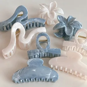 Elegant Ink Marble Texture Large Resin Hair Claw Clips French Style Blue White Shark Clips For Women Thick Hair Accessories