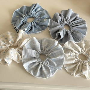 Set of 5 polka dot and plaid scrunchies in light blue and white chiffon fabric