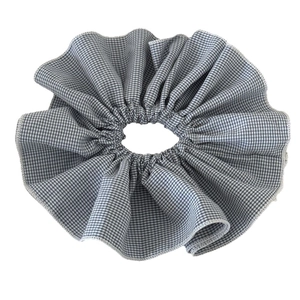 Blue and white gingham oversized scrunchie with ruffled edge and high-quality stitch detail