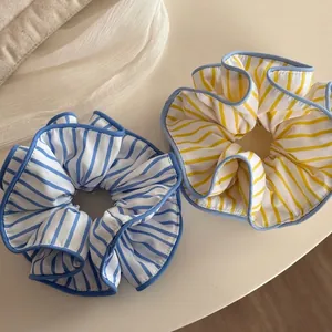 Grands Chouchous à Rayures en Tissu Élastiques à Cheveux Oversize Avec Passepoil Contrasté Style Coréen pour Femmes Usage Quotidien