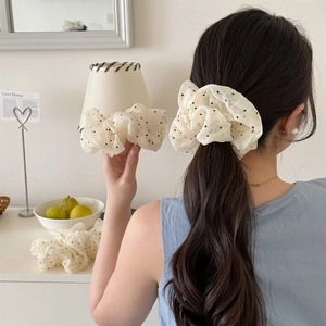 Elegant Cream Polka Dot Mesh Scrunchie Oversized Organza Pleated Hair Tie Fresh Korean Style Women Hair Accessories