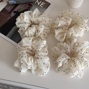Polka dot organza scrunchies set in cream white with black dots for hair styling