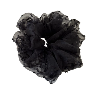 Elegant black polka dot mesh scrunchie with layered tulle and high elasticity hair accessory